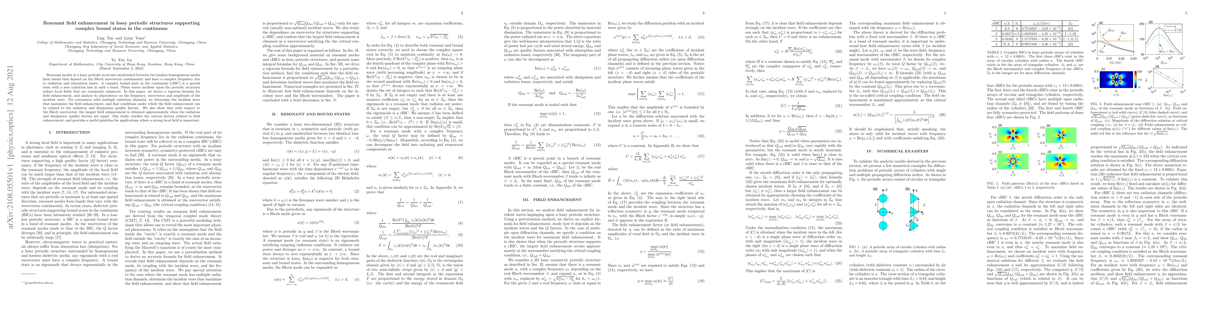 Thumbnail for Resonant field enhancement in lossy periodic structures supporting
  complex bound states in the continuum