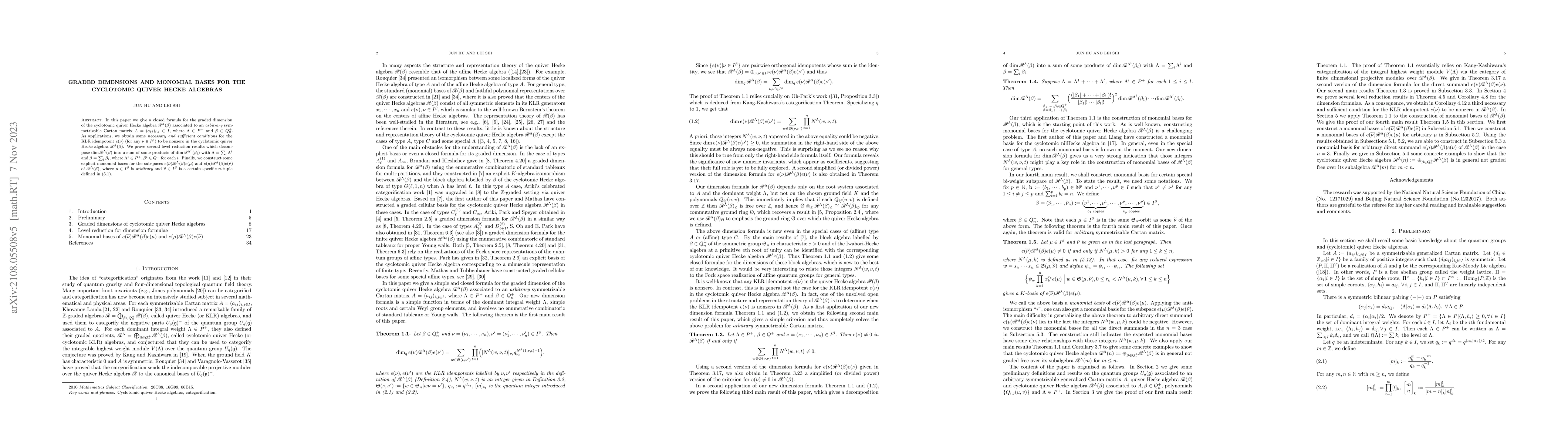 Thumbnail for Graded dimensions and monomial bases for the cyclotomic quiver Hecke
  algebras