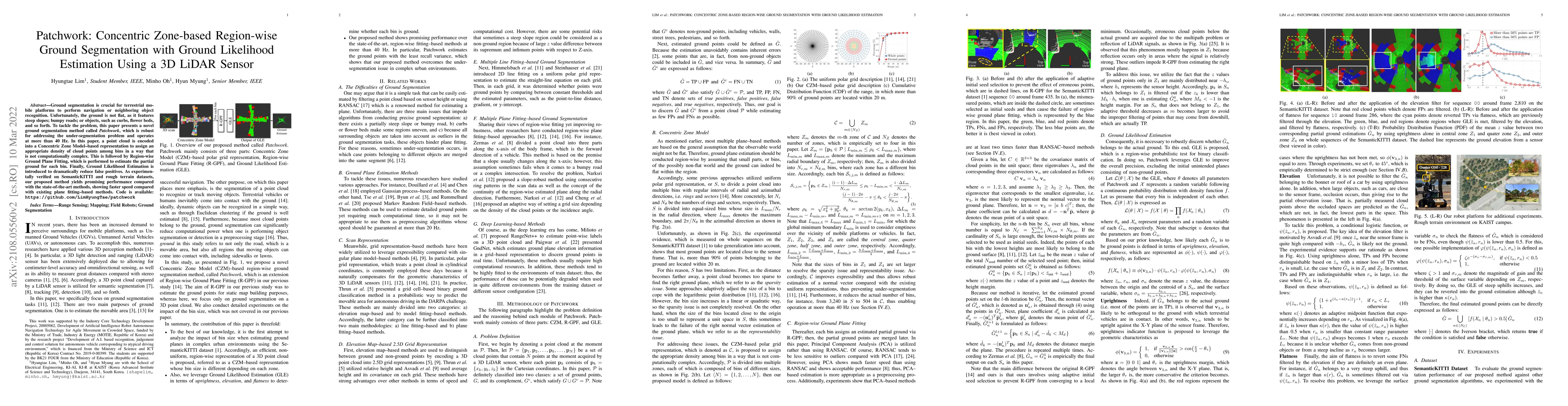 Thumbnail for Patchwork: Concentric Zone-based Region-wise Ground Segmentation with
  Ground Likelihood Estimation Using a 3D LiDAR Sensor