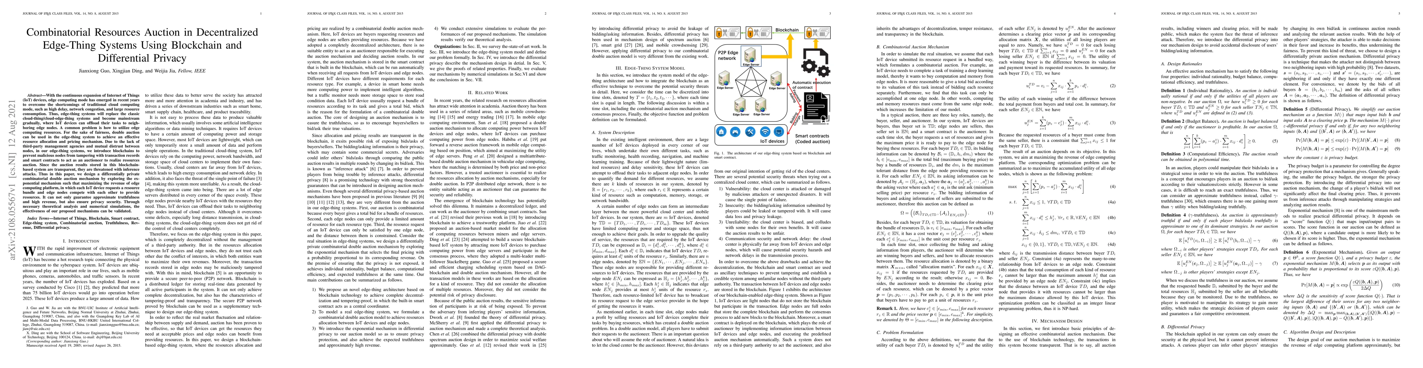 Thumbnail for Combinatorial Resources Auction in Decentralized Edge-Thing Systems
  Using Blockchain and Differential Privacy
