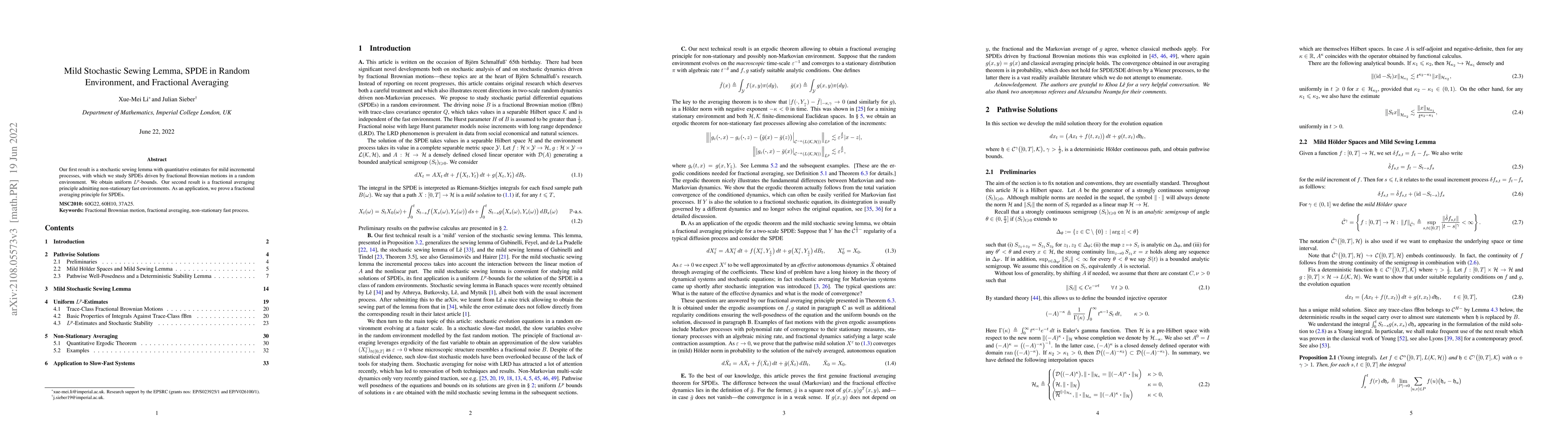 Thumbnail for Mild Stochastic Sewing Lemma, SPDE in Random Environment, and Fractional
  Averaging