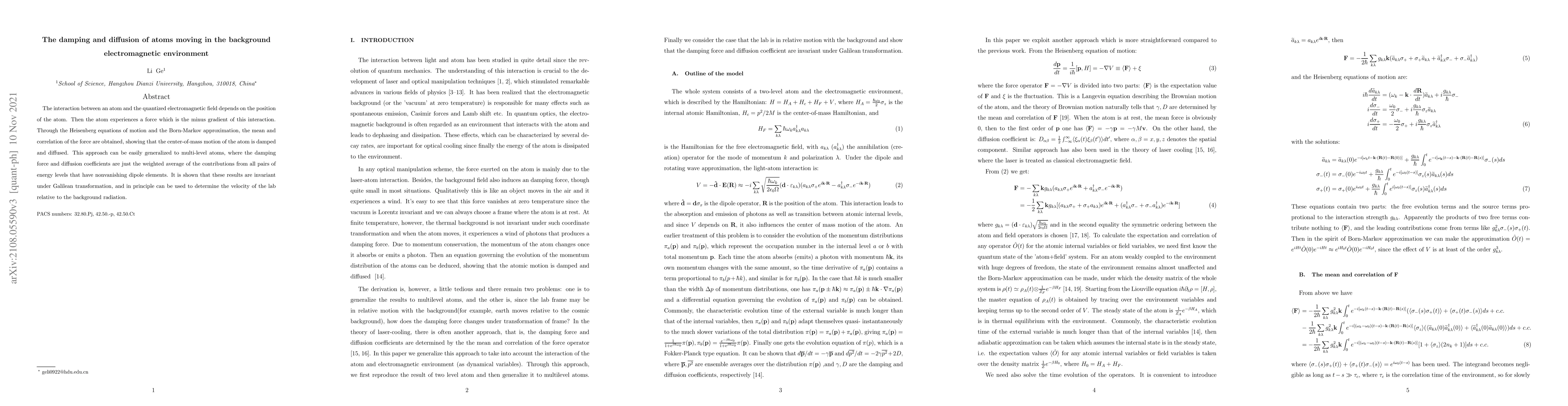 Thumbnail for The damping and diffusion of atoms moving in the background
  electromagnetic environment