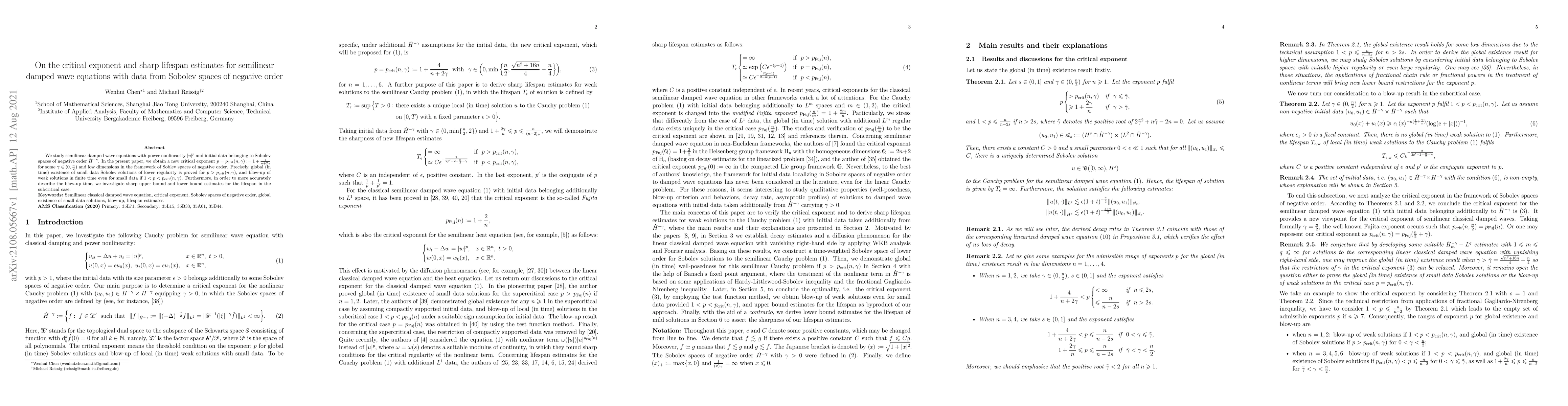 Thumbnail for On the critical exponent and sharp lifespan estimates for semilinear
  damped wave equations with data from Sobolev spaces of negative order