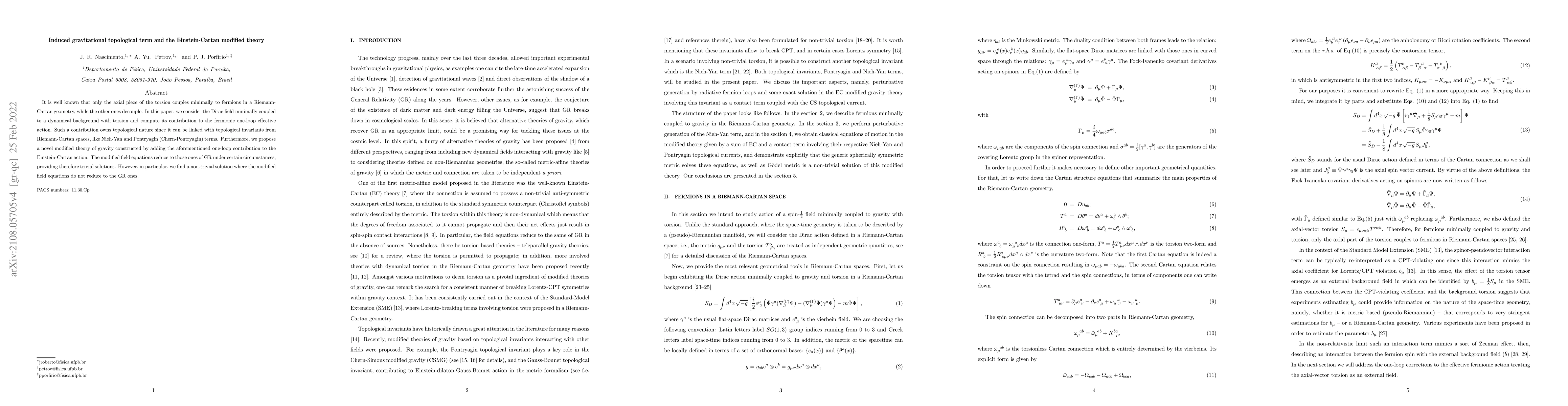 Thumbnail for Induced gravitational topological term and the Einstein-Cartan modified
  theory