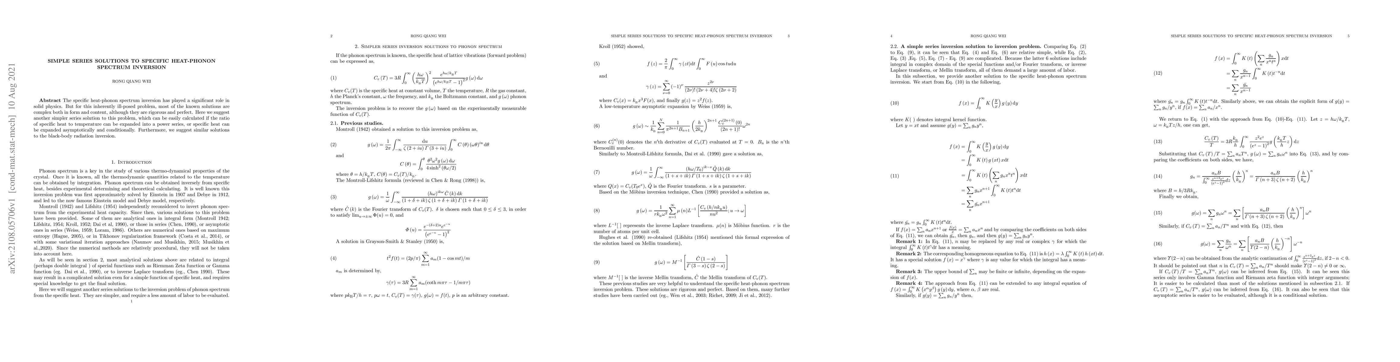 Thumbnail for Simple series solutions to specific heat-phonon spectrum inversion