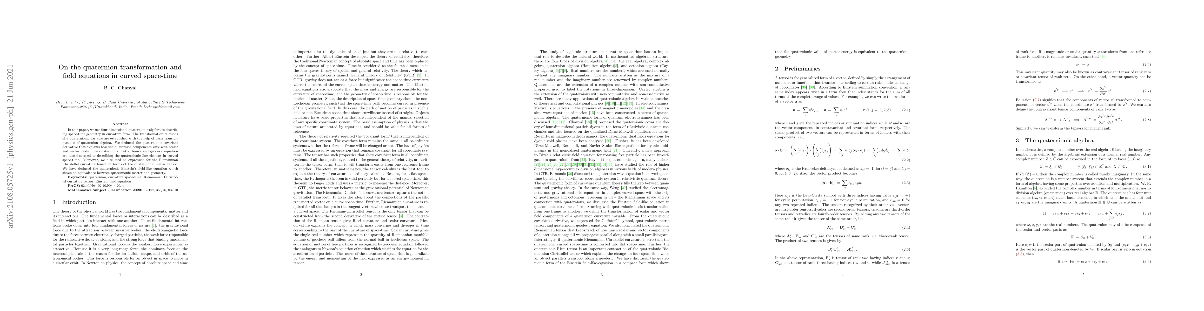 Thumbnail for On the quaternion transformation and field equations in curved
  space-time