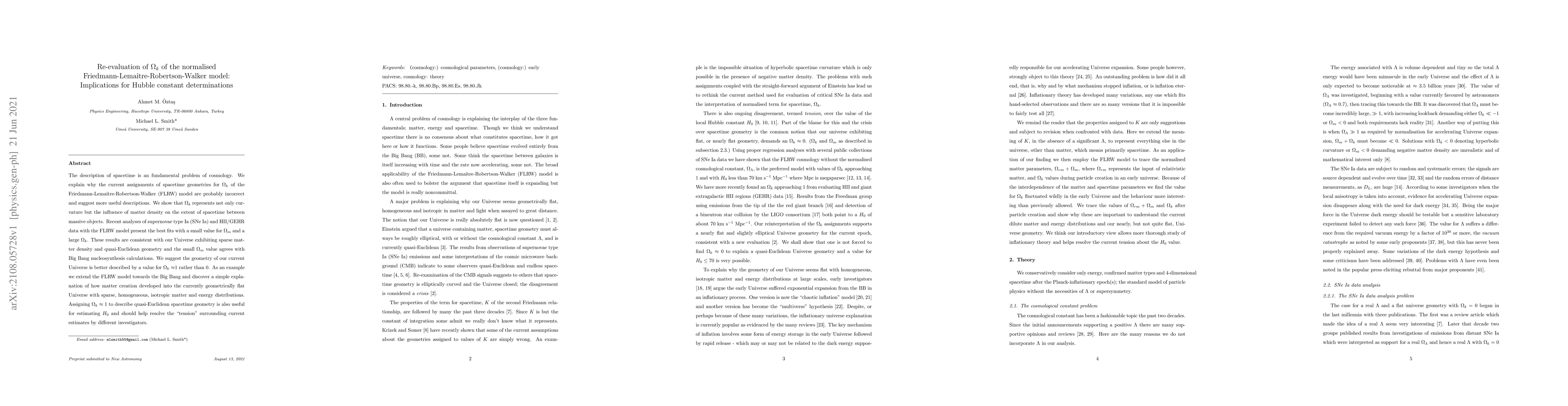 Thumbnail for Re-evaluation of $\Omega_k$ of the normalised
  Friedmann-Lema\^{\i}tre-Robertson-Walker model: Implications for Hubble
  constant determinations