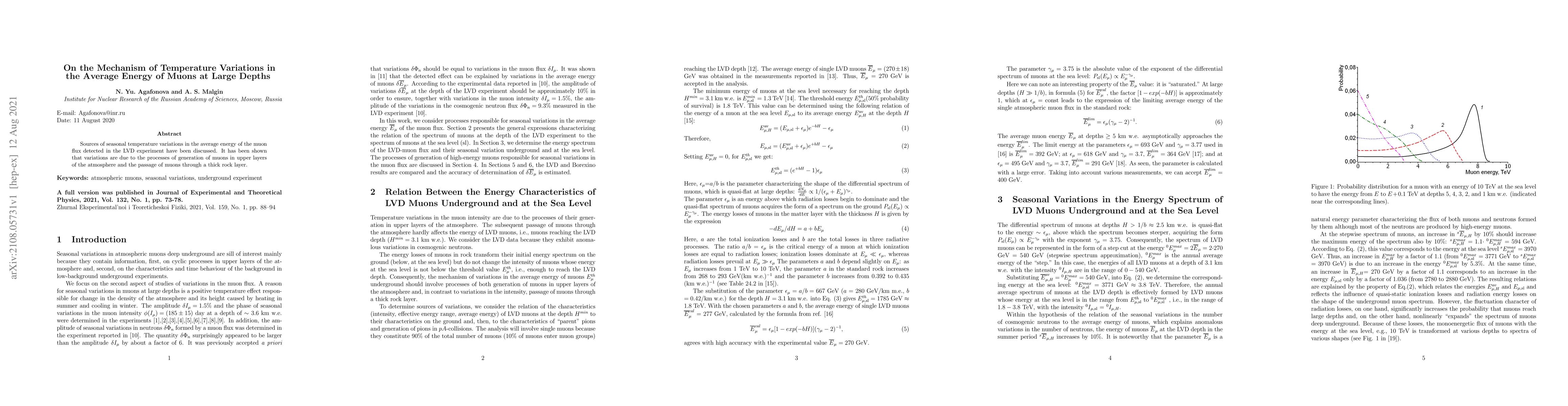 Thumbnail for On the Mechanism of Temperature Variations in the Average Energy of
  Muons at Large Depths