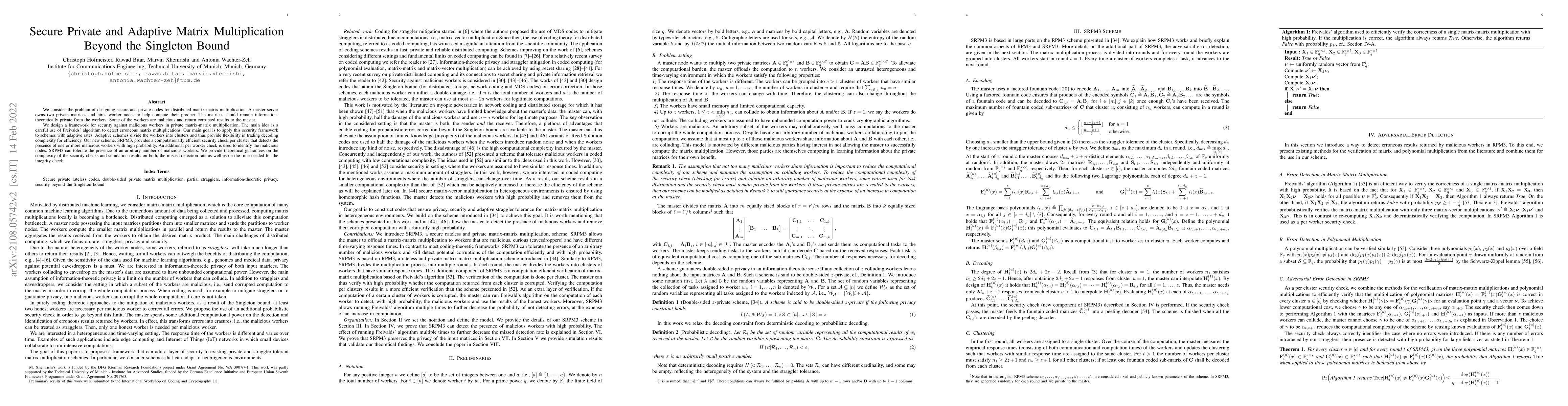 Thumbnail for Secure Private and Adaptive Matrix Multiplication Beyond the Singleton
  Bound