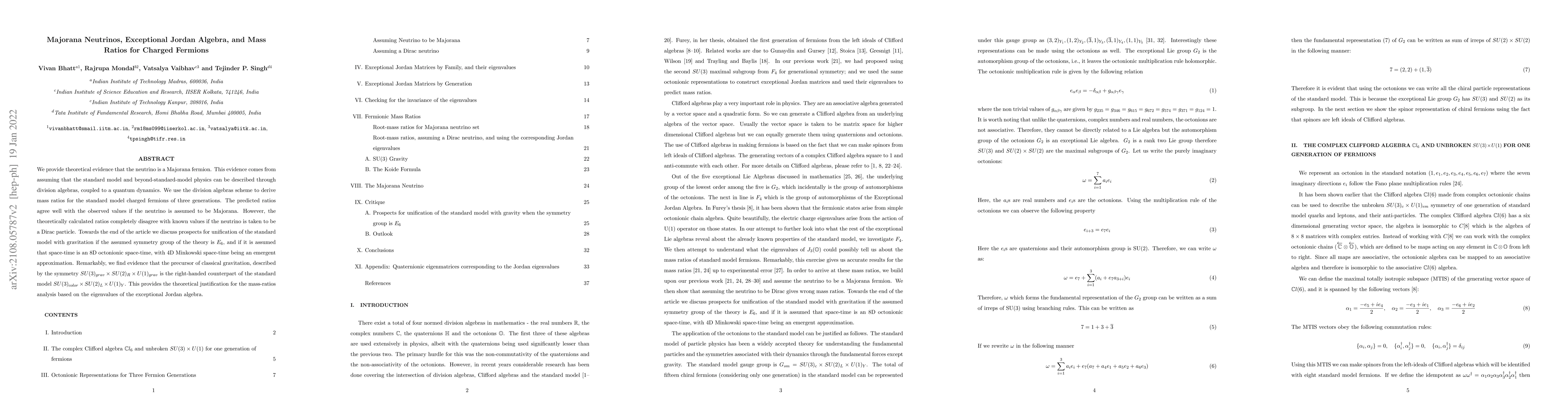 Thumbnail for Majorana Neutrinos, Exceptional Jordan Algebra, and Mass Ratios for
  Charged Fermions