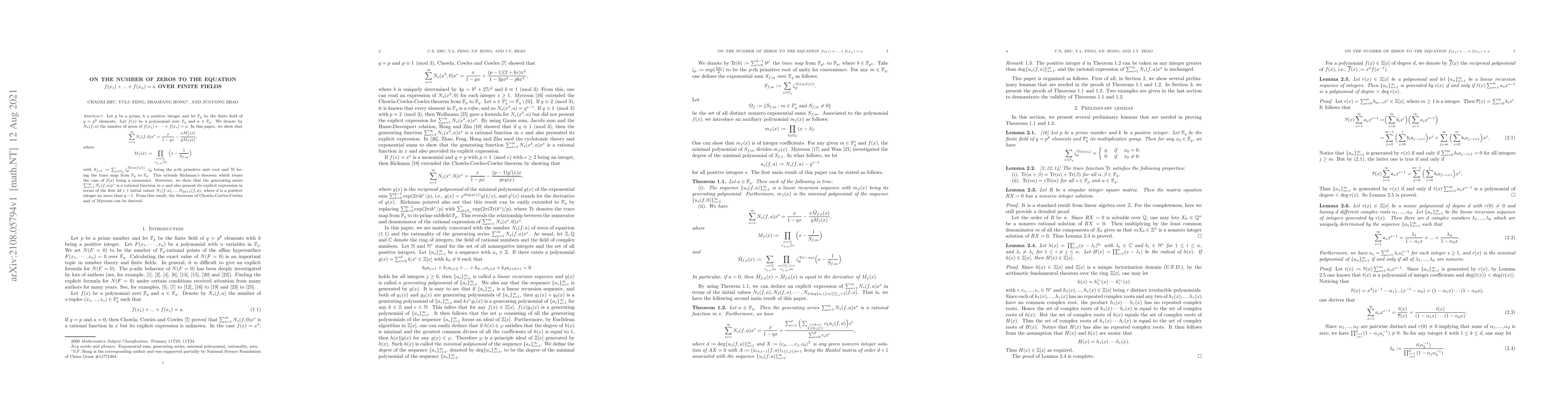 Thumbnail for On the number of zeros to the equation $f(x_1)+...+f(x_n)=a$ over finite
  fields