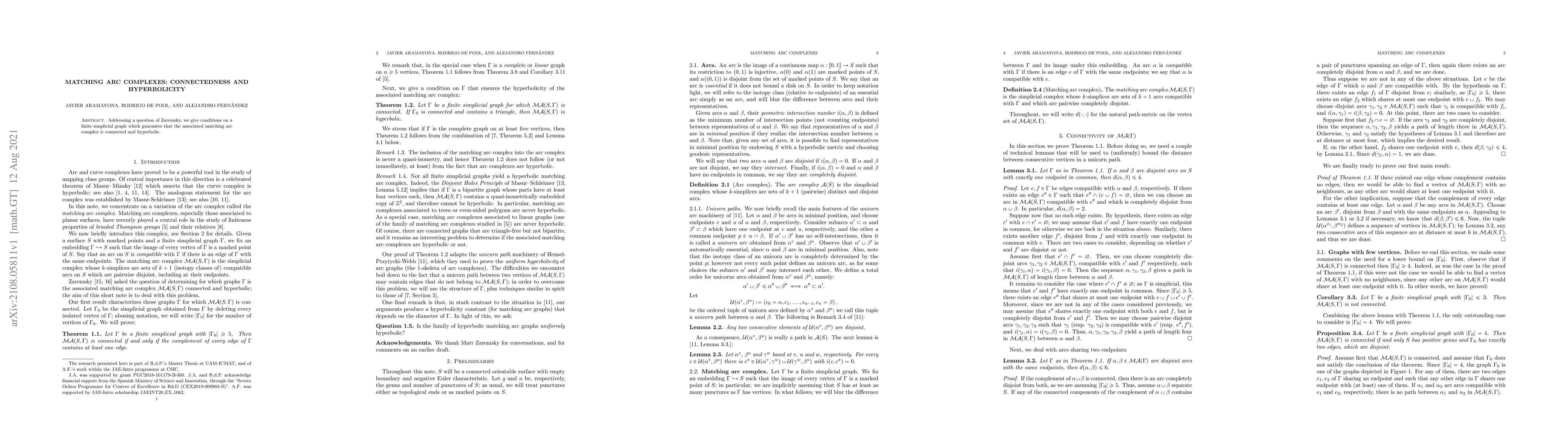 Thumbnail for Matching arc complexes: connectedness and hyperbolicity