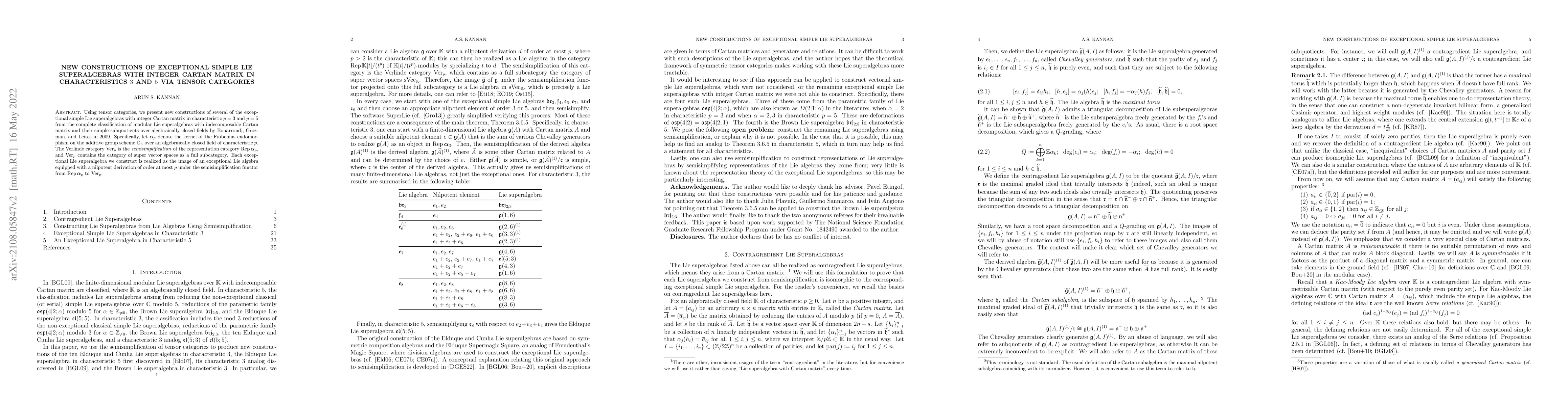 Thumbnail for New Constructions of Exceptional Simple Lie Superalgebras with Integer
  Cartan Matrix in Characteristics 3 and 5 via Tensor Categories