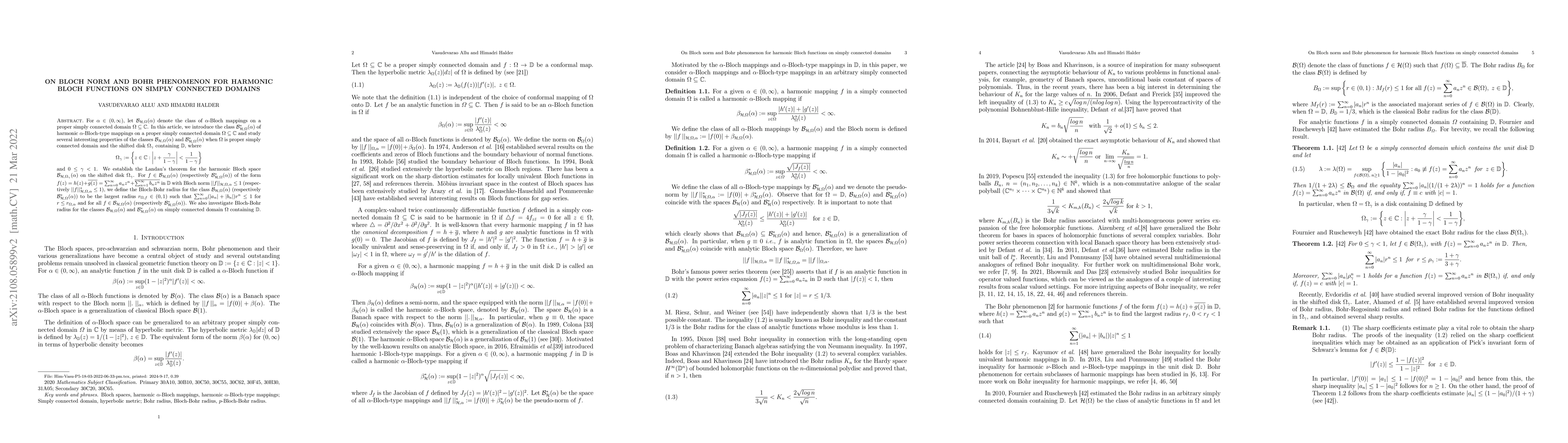 Thumbnail for On Bloch norm and Bohr phenomenon for harmonic Bloch functions on simply
  connected domains