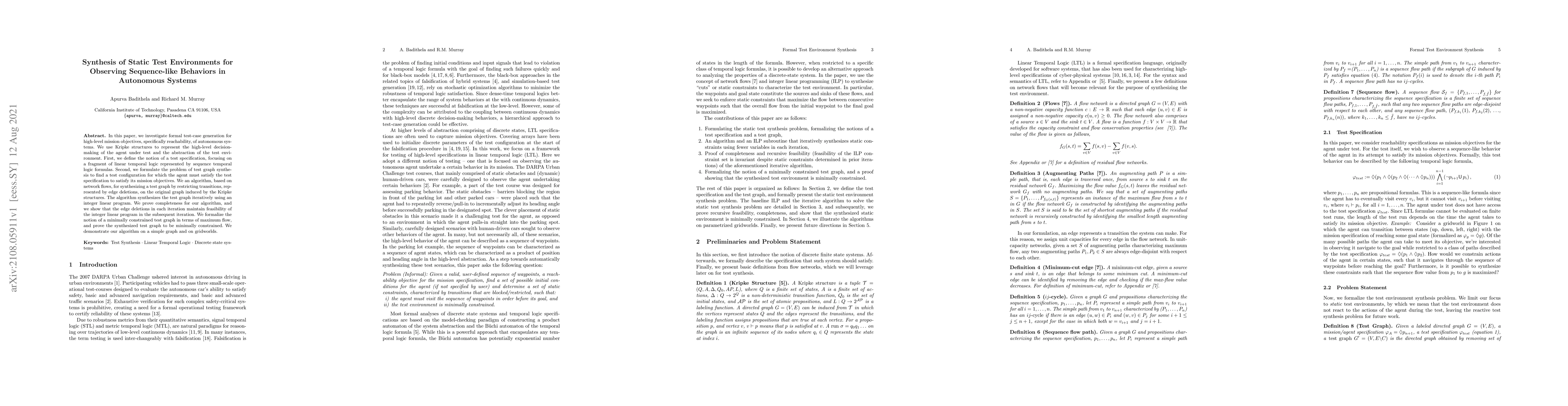 Thumbnail for Synthesis of Static Test Environments for Observing Sequence-like
  Behaviors in Autonomous Systems