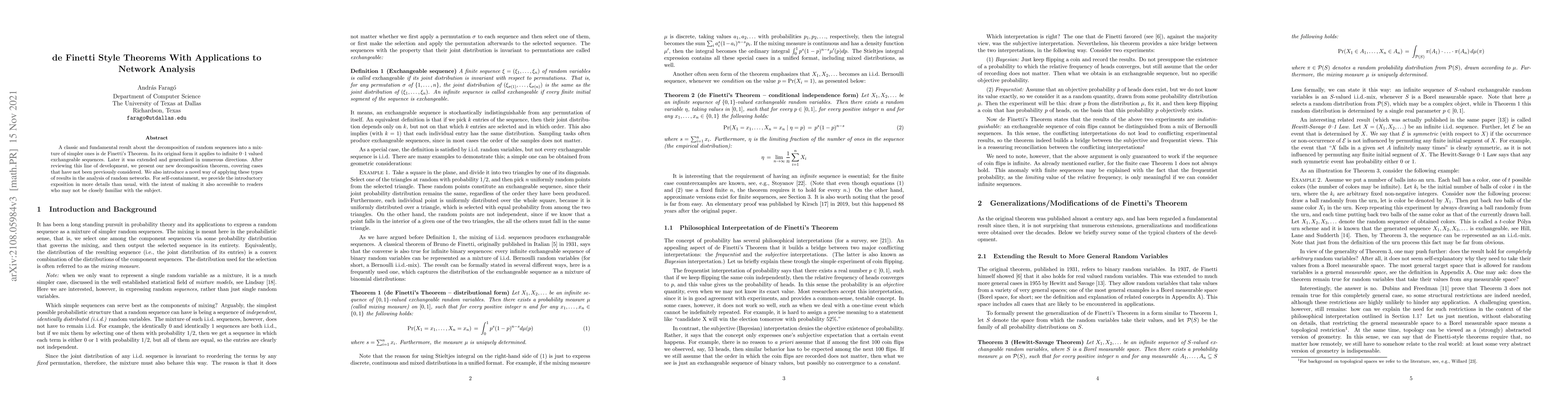 Thumbnail for de Finetti Style Theorems With Applications to Network Analysis