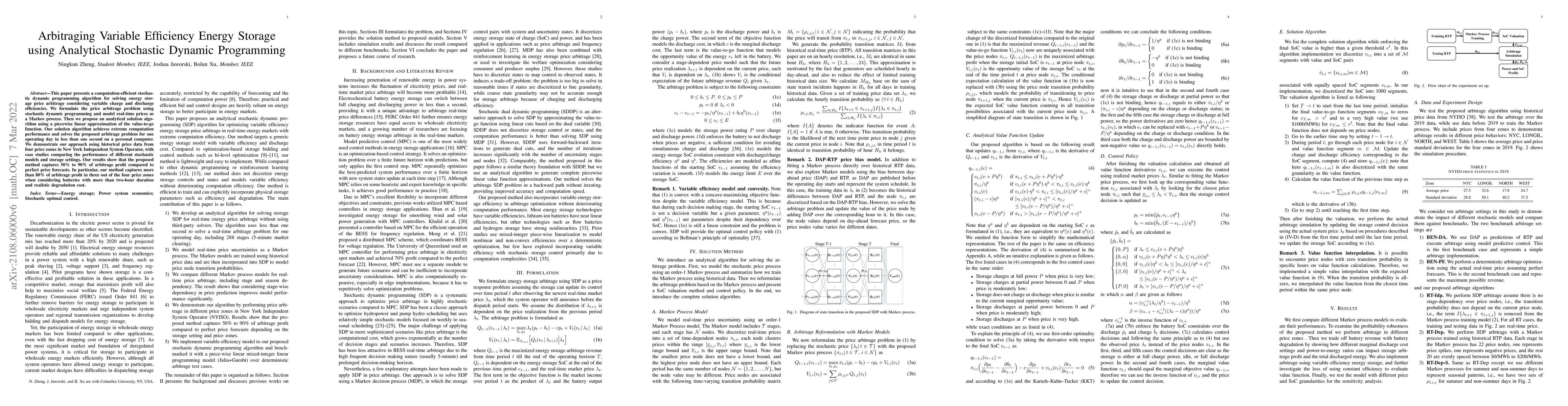 Thumbnail for Arbitraging Variable Efficiency Energy Storage using Analytical
  Stochastic Dynamic Programming