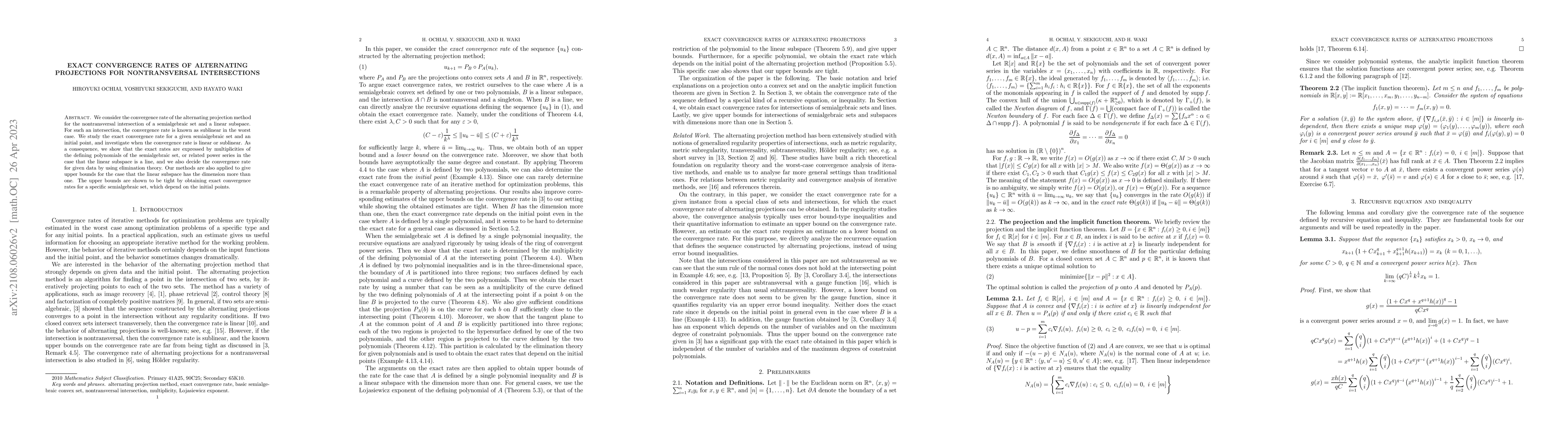 Thumbnail for Exact Convergence Rates of Alternating Projections for Nontransversal
  Intersections