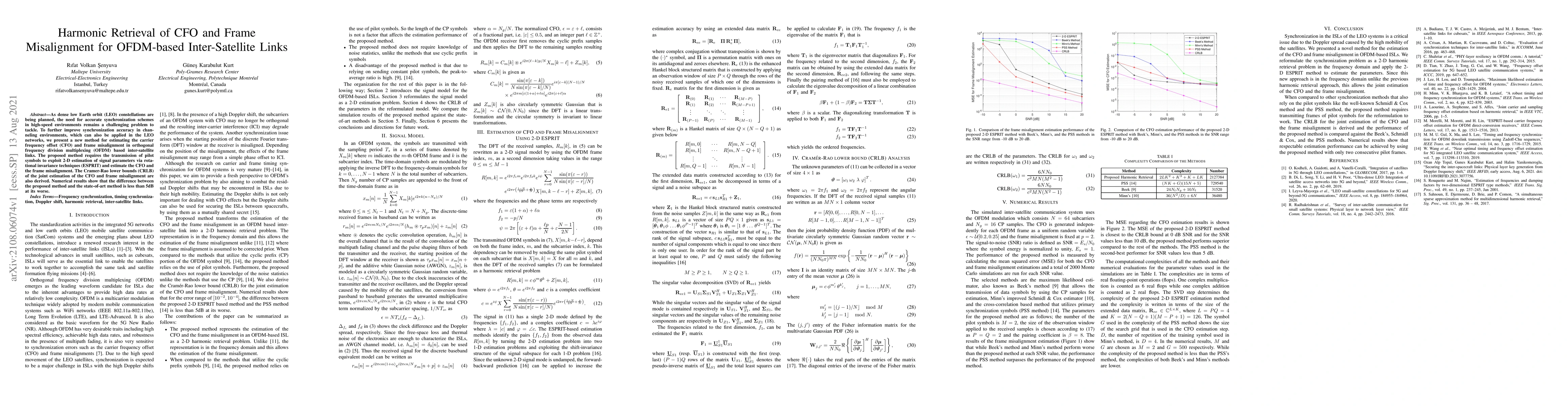 Thumbnail for Harmonic Retrieval of CFO and Frame Misalignment for OFDM-based
  Inter-Satellite Links