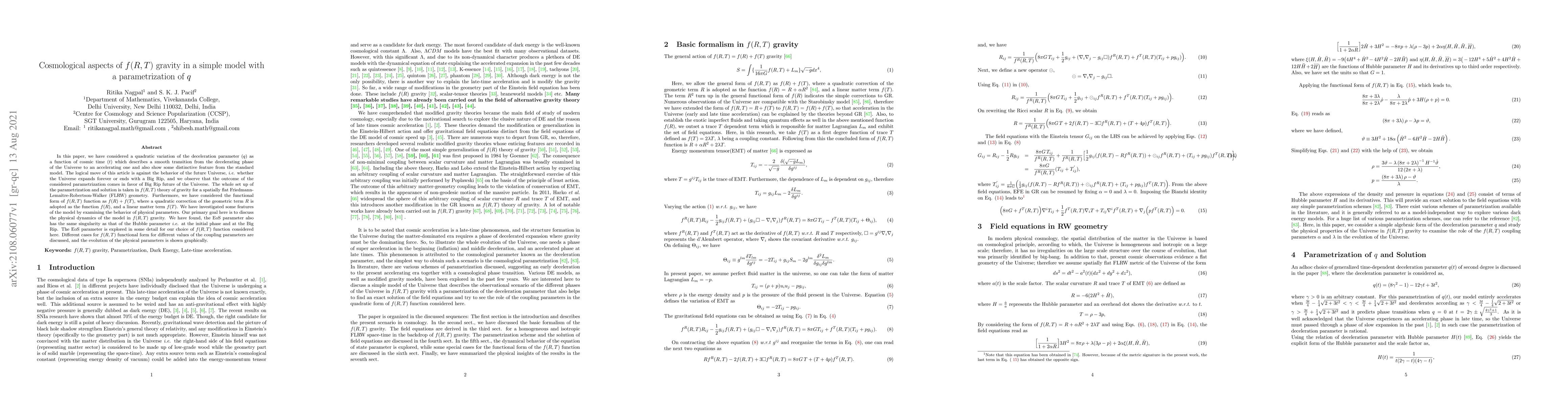 Thumbnail for Cosmological aspects of $f(R,T)$ gravity in a simple model with a
  parametrization of $q$