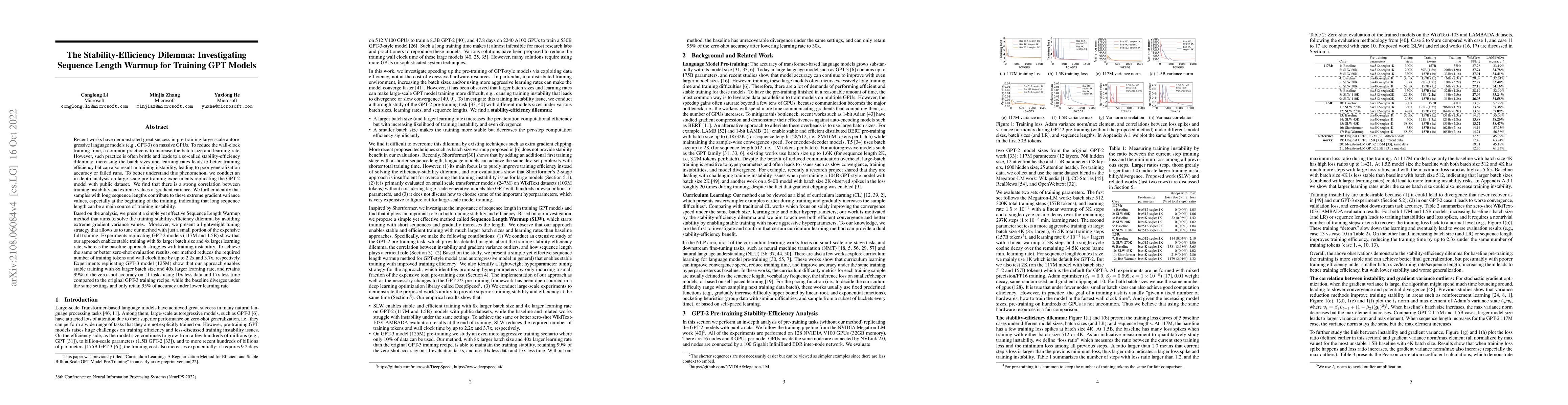 Thumbnail for The Stability-Efficiency Dilemma: Investigating Sequence Length Warmup
  for Training GPT Models