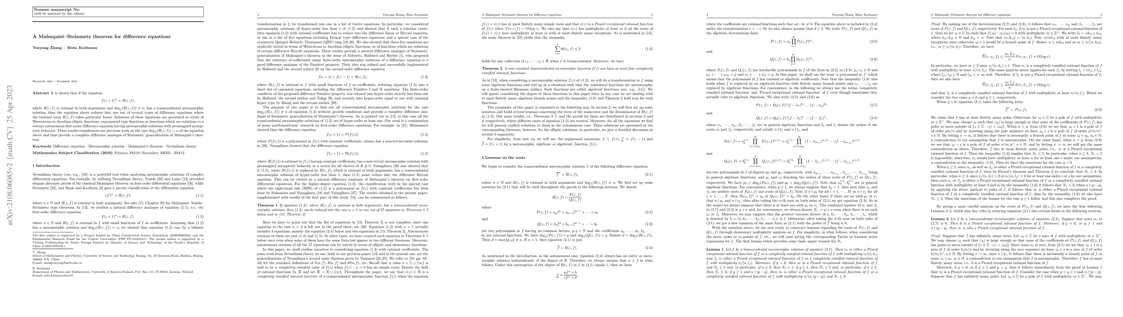 Thumbnail for A Malmquist--Steinmetz theorem for difference equations