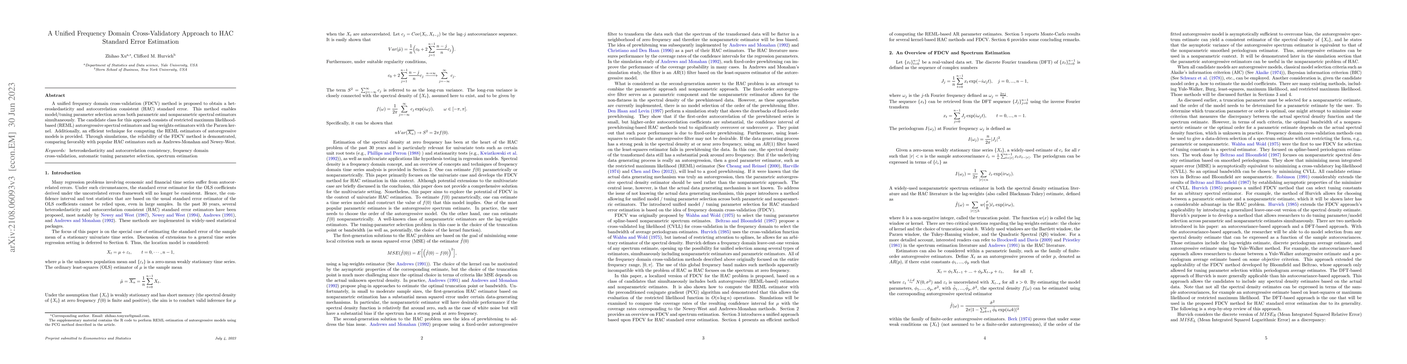 Thumbnail for A Unified Frequency Domain Cross-Validatory Approach to HAC Standard
  Error Estimation