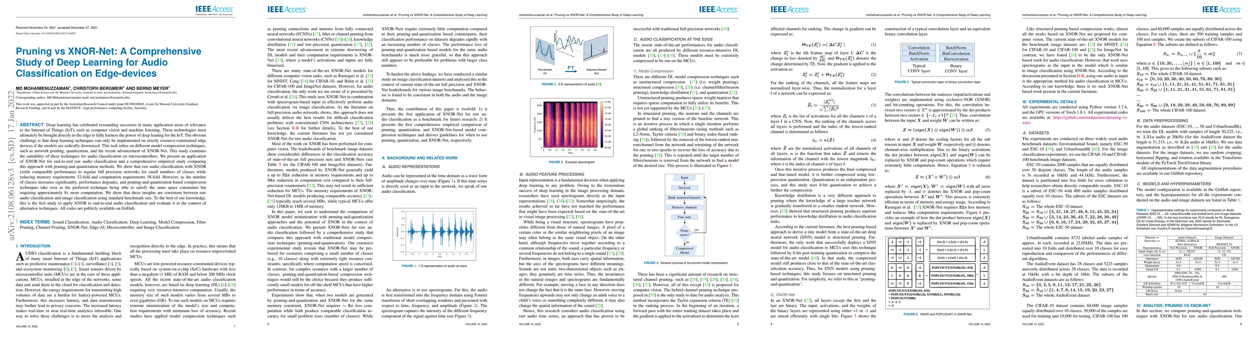 Thumbnail for Pruning vs XNOR-Net: A Comprehensive Study of Deep Learning for Audio
  Classification on Edge-devices