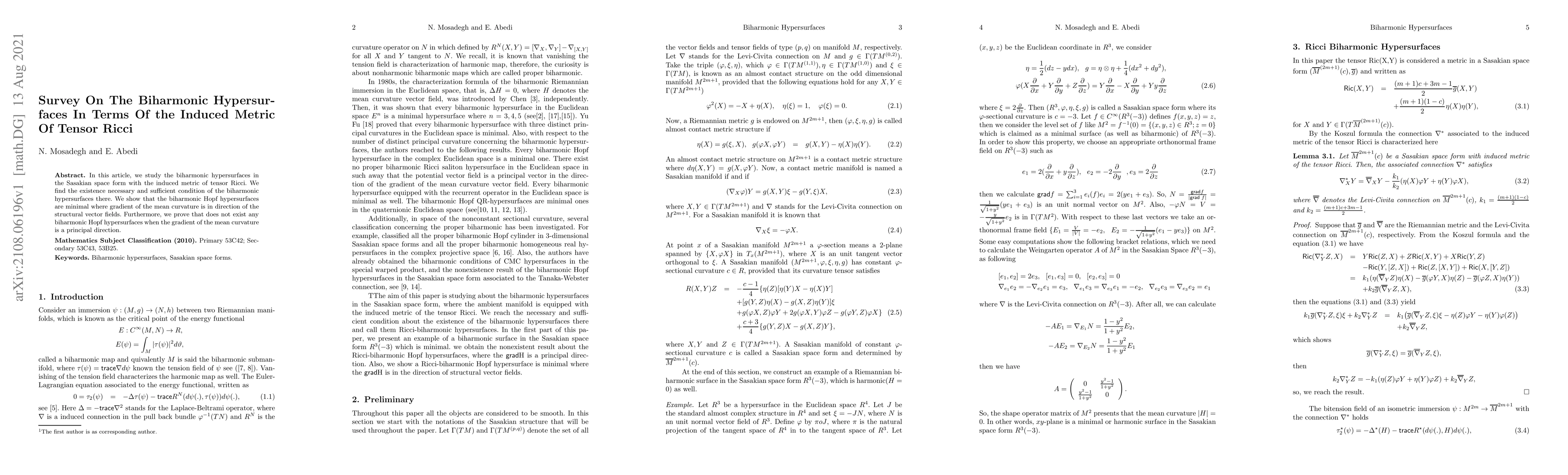 Thumbnail for Survey on the Biharmonic Hypersurfaces in Terms of the Induced Metric of
  Tensor Ricci