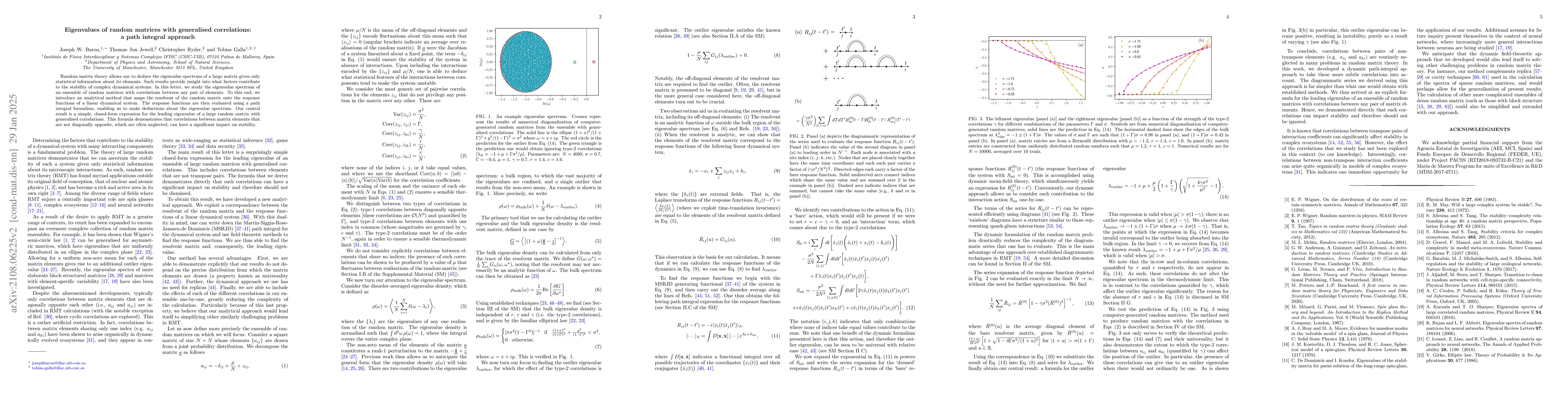 Thumbnail for Eigenvalues of random matrices with generalised correlations: a path
  integral approach