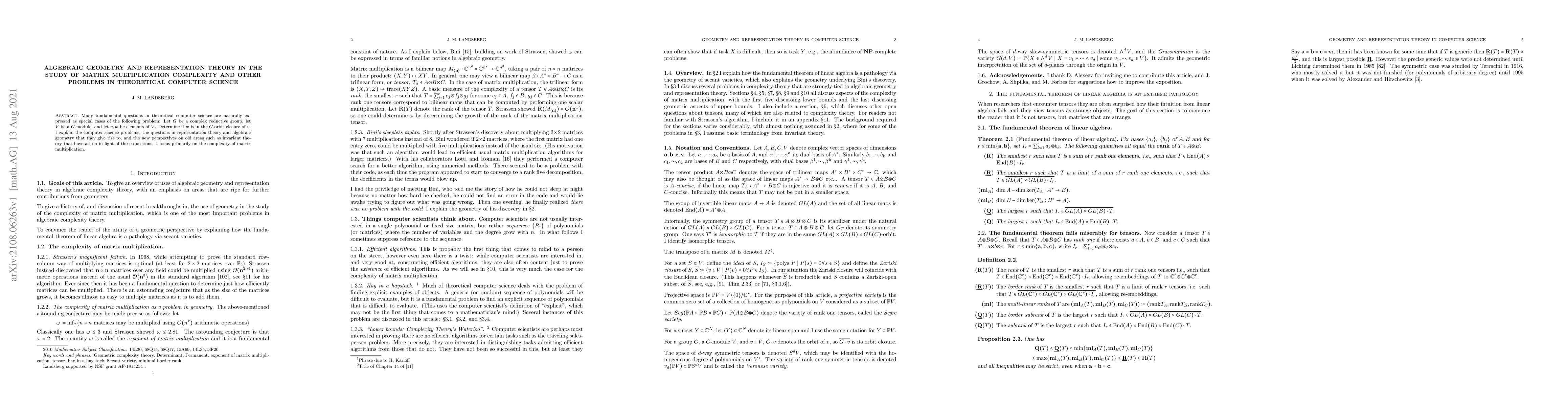 Thumbnail for Algebraic Geometry and Representation theory in the study of matrix
  multiplication complexity and other problems in theoretical computer science