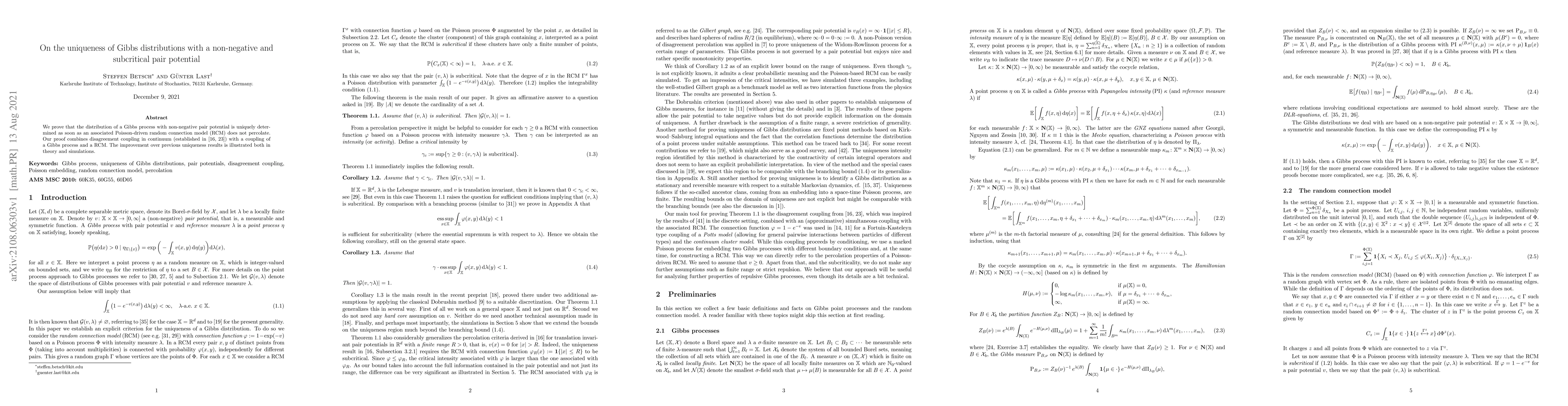 Thumbnail for On the uniqueness of Gibbs distributions with a non-negative and
  subcritical pair potential