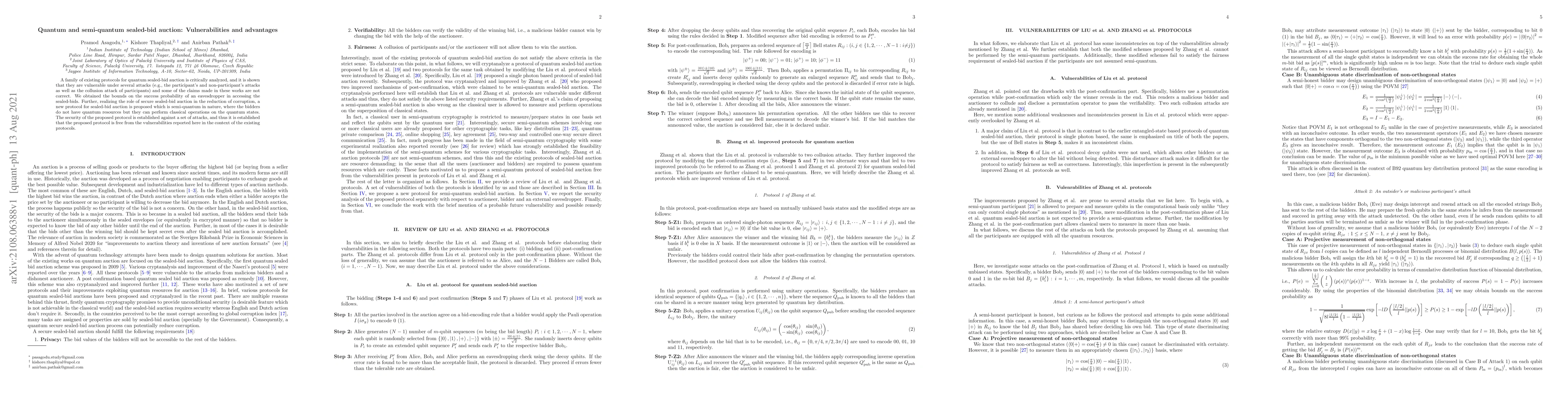 Thumbnail for Quantum and semi-quantum sealed-bid auction: Vulnerabilities and
  advantages