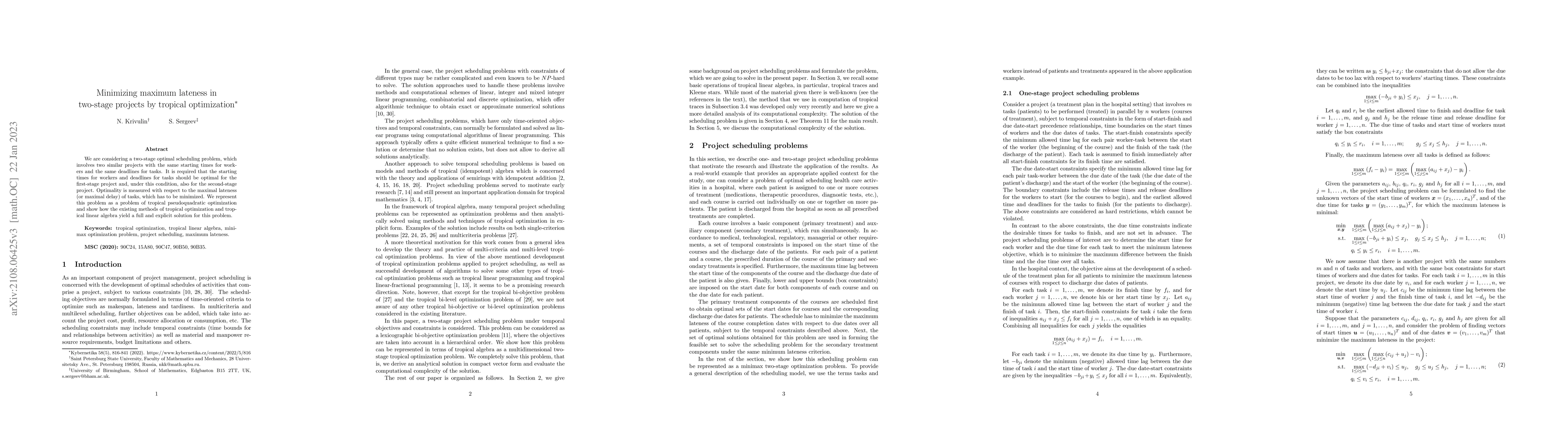 Thumbnail for Minimizing maximum lateness in two-stage projects by tropical
  optimization