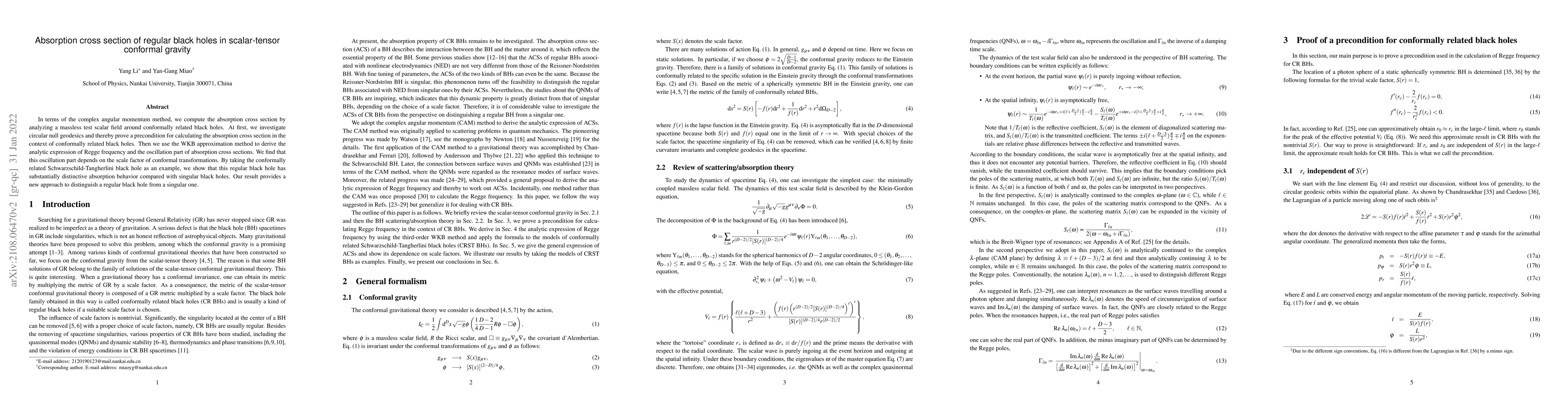Thumbnail for Absorption cross section of regular black holes in scalar-tensor
  conformal gravity