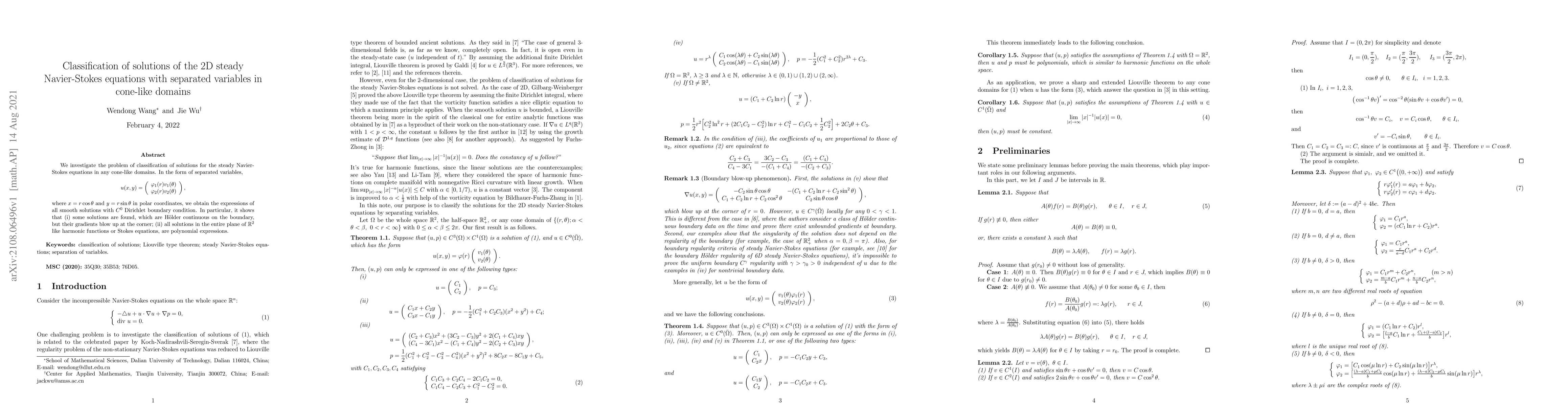 Thumbnail for Classification of solutions of the 2D steady Navier-Stokes equations
  with separated variables in cone-like domains
