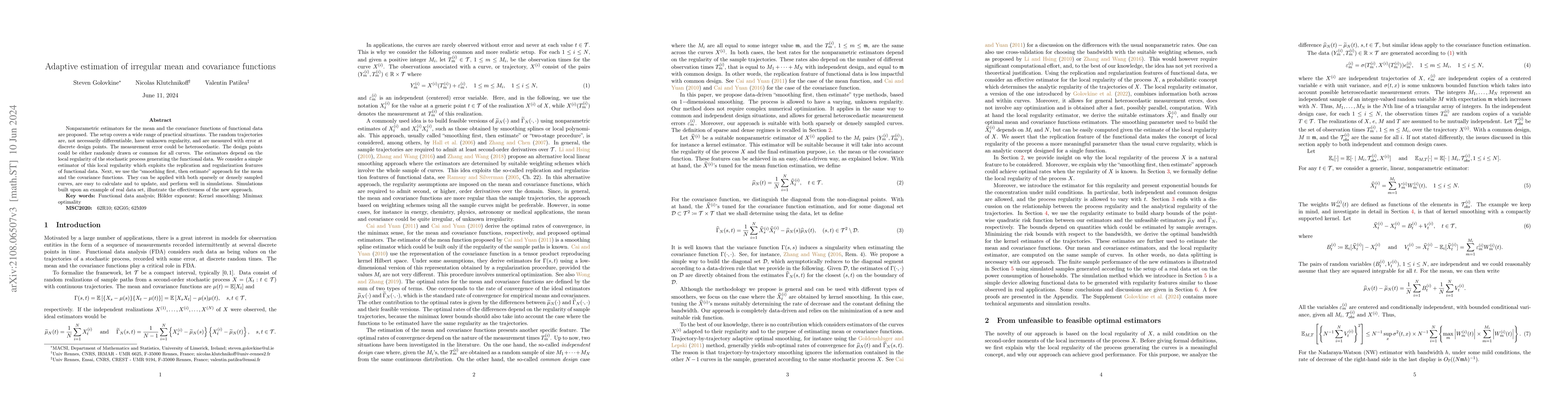 Thumbnail for Adaptive estimation of irregular mean and covariance functions