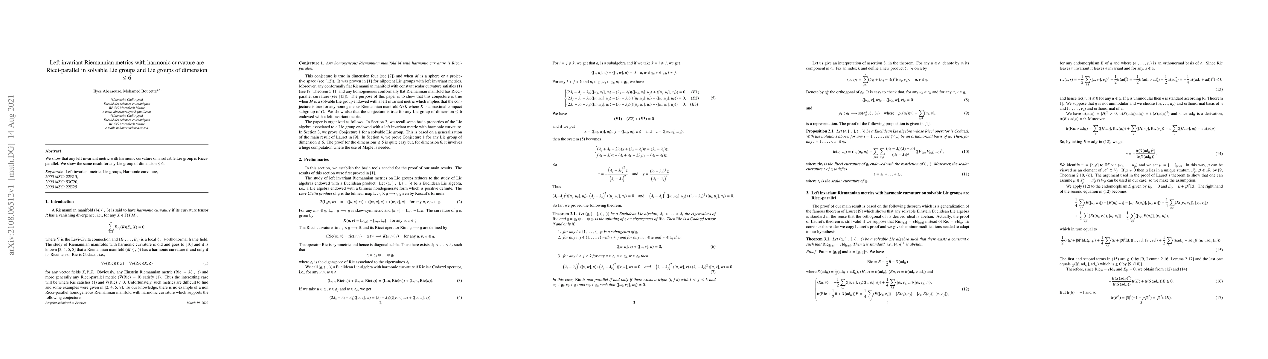 Thumbnail for Left invariant Riemannian metrics with harmonic curvature are
  Ricci-parallel in solvable Lie groups and Lie groups of dimension $\leq6$
