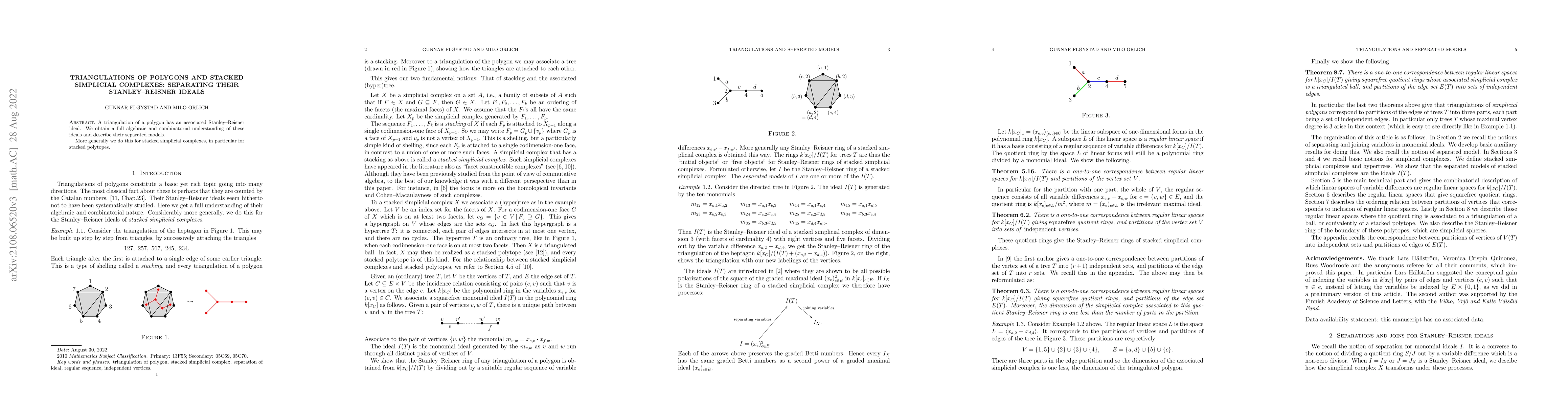 Thumbnail for Triangulations of polygons and stacked simplicial complexes: separating
  their Stanley-Reisner ideals