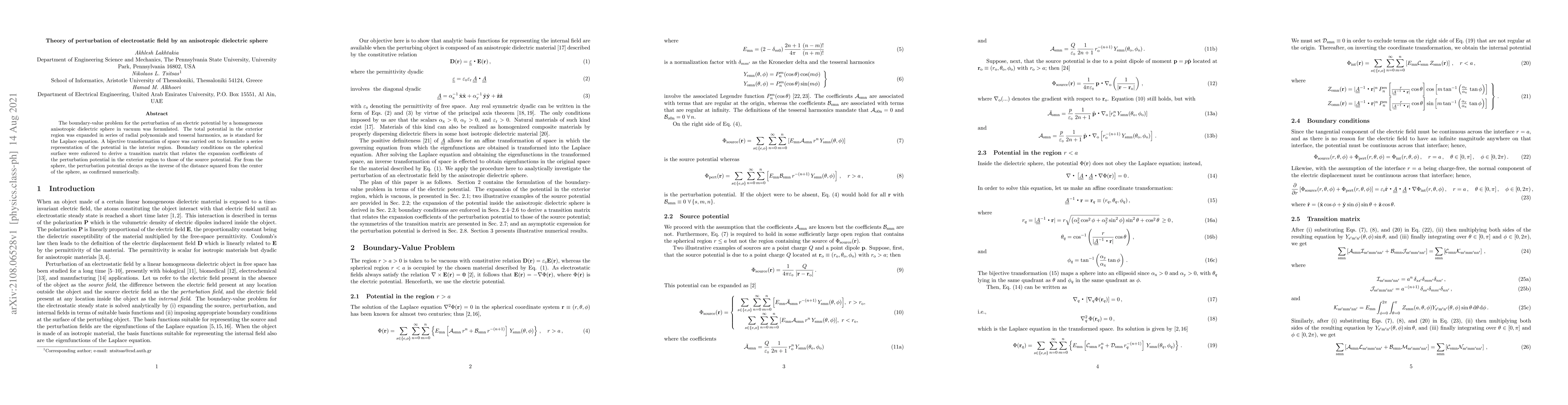 Thumbnail for Theory of perturbation of electrostatic field by an anisotropic
  dielectric sphere