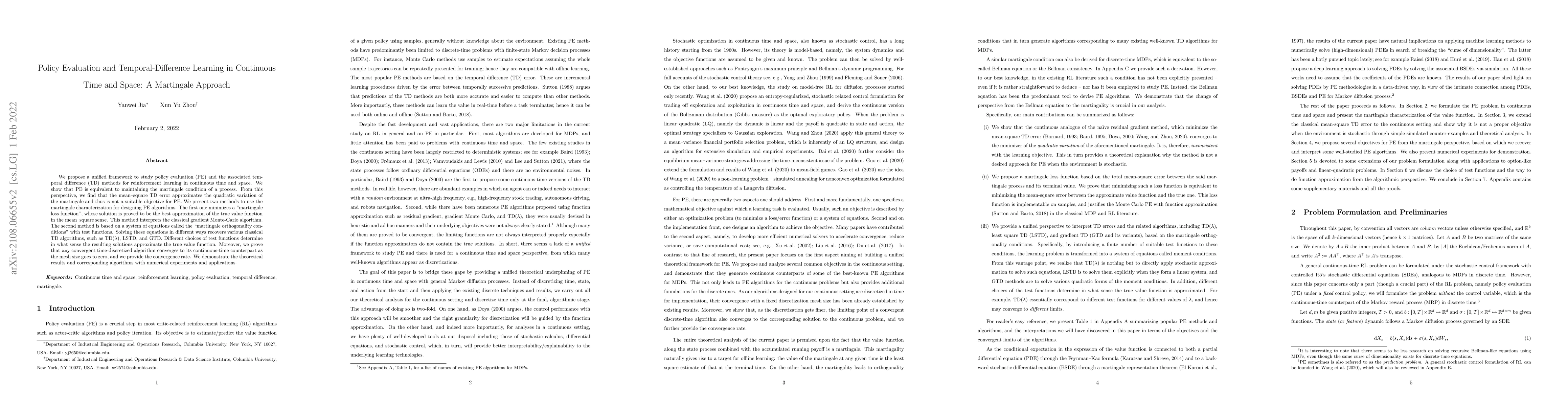 Thumbnail for Policy Evaluation and Temporal-Difference Learning in Continuous Time
  and Space: A Martingale Approach