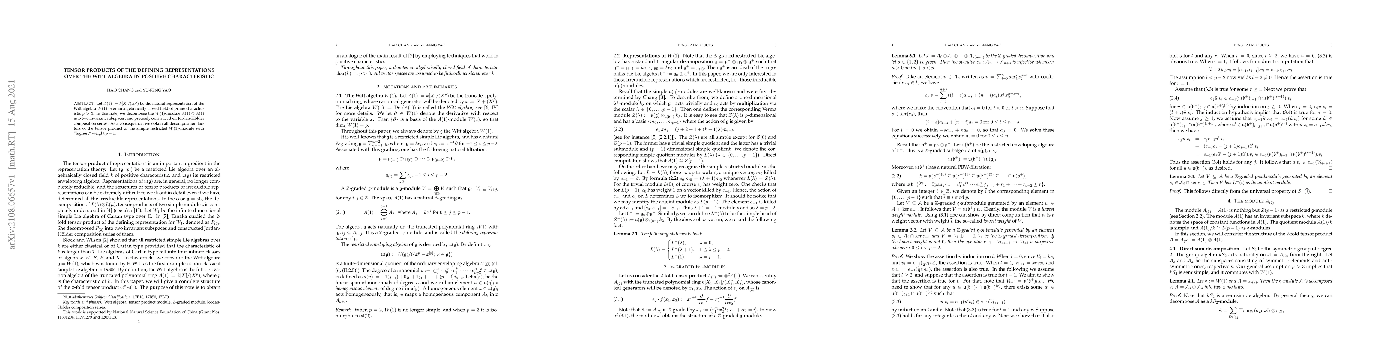 Thumbnail for Tensor products of the defining representations over the Witt algebra in
  positive characteristic