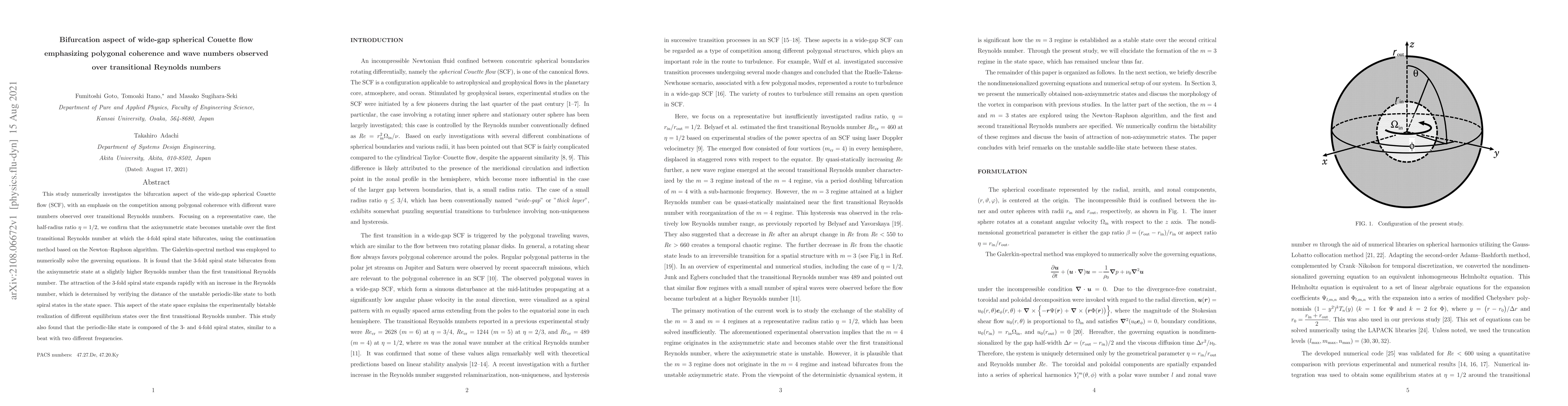 Thumbnail for Bifurcation aspect of wide-gap spherical Couette flow emphasizing
  polygonal coherence and wave numbers observed over transitional Reynolds
  numbers