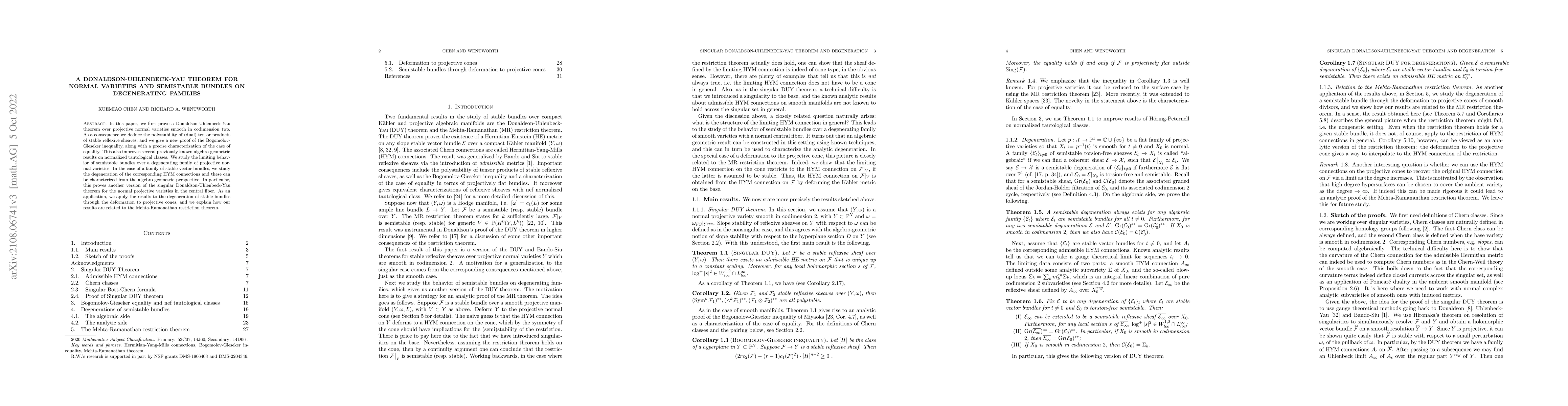 Thumbnail for A Donaldson-Uhlenbeck-Yau theorem for normal varieties and semistable
  bundles on degenerating families