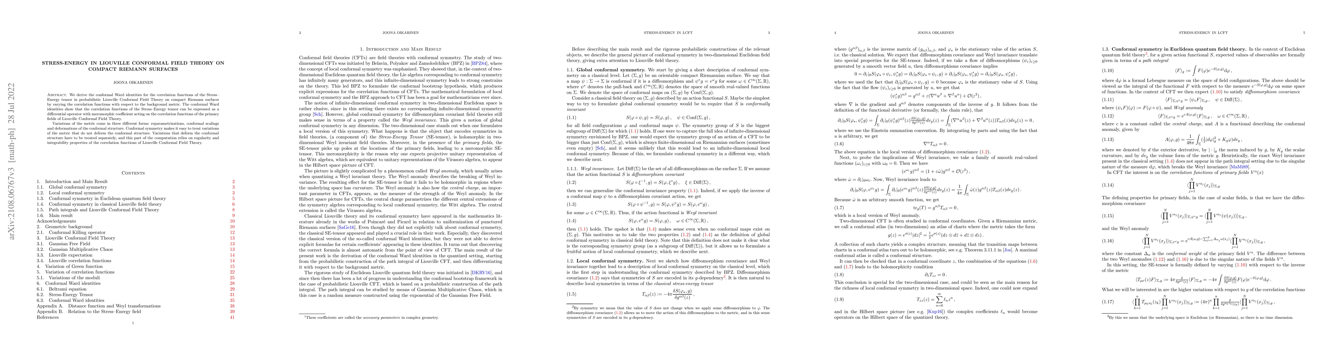 Thumbnail for Stress-Energy in Liouville Conformal Field Theory on Compact Riemann
  Surfaces
