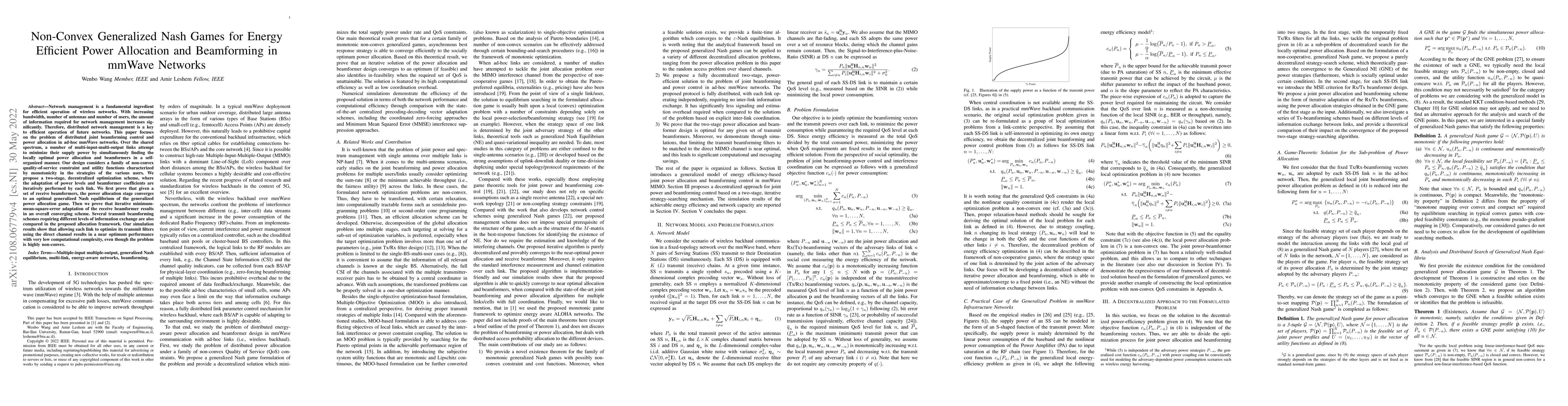 Thumbnail for Non-convex Generalized Nash Games for Energy Efficient Power Allocation
  and Beamforming in mmWave Networks