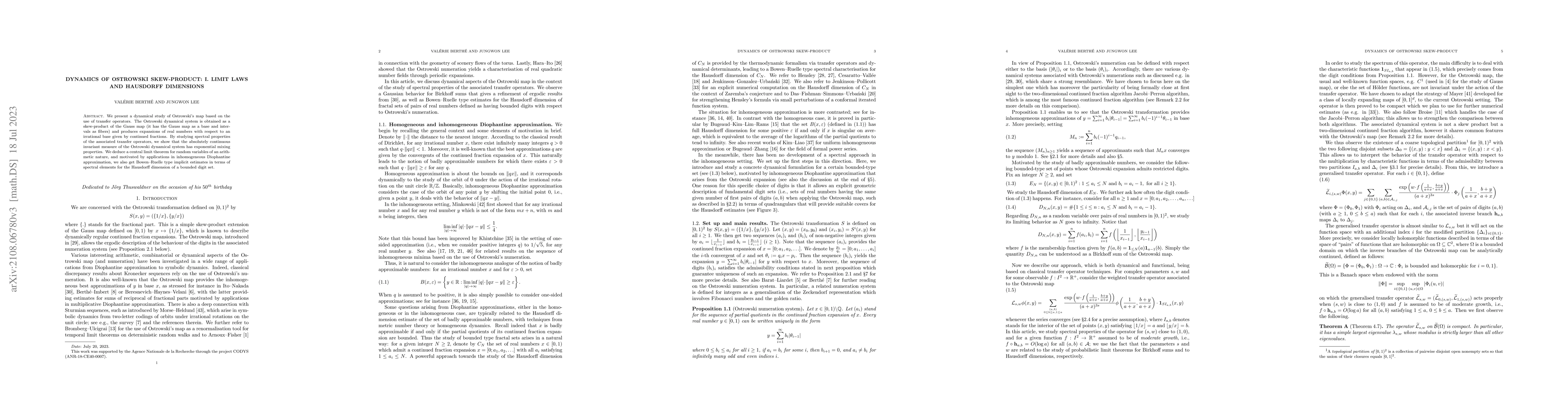 Thumbnail for Dynamics of Ostrowski skew-product: I. Limit laws and Hausdorff
  dimensions