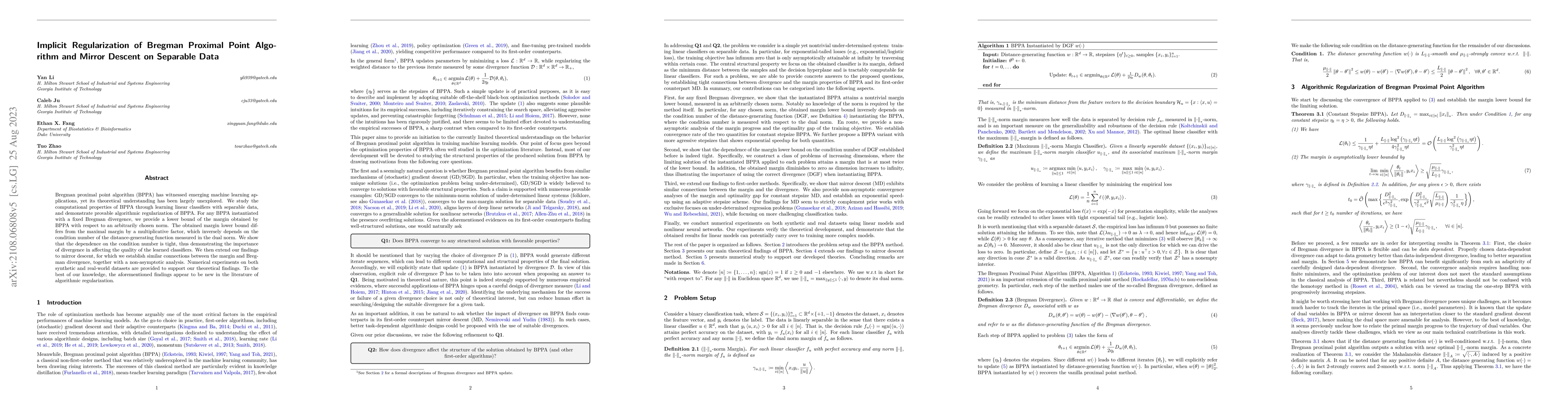 Thumbnail for Implicit Regularization of Bregman Proximal Point Algorithm and Mirror
  Descent on Separable Data