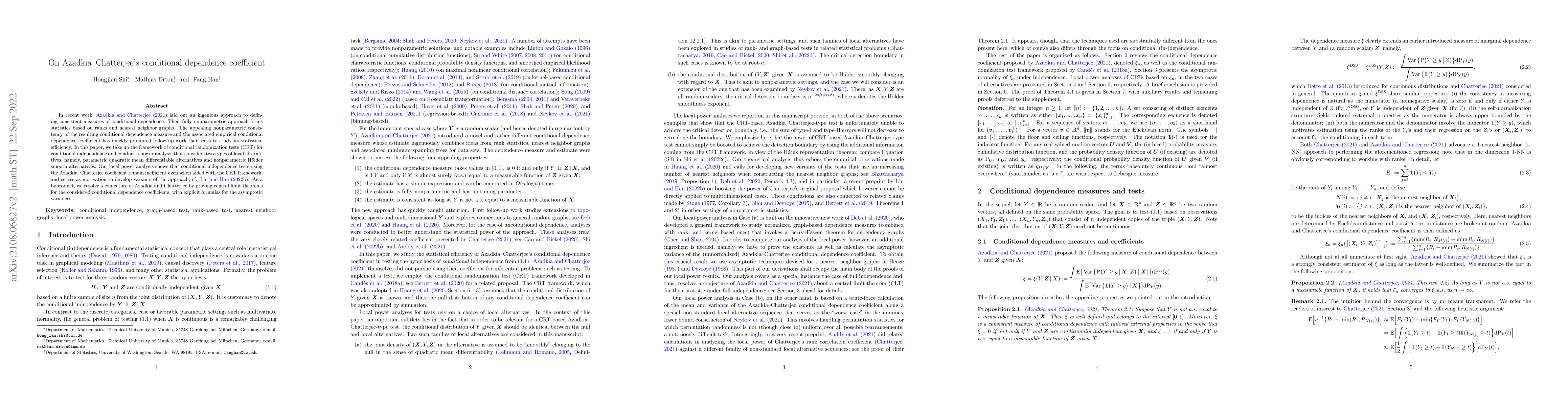 Thumbnail for On Azadkia-Chatterjee's conditional dependence coefficient