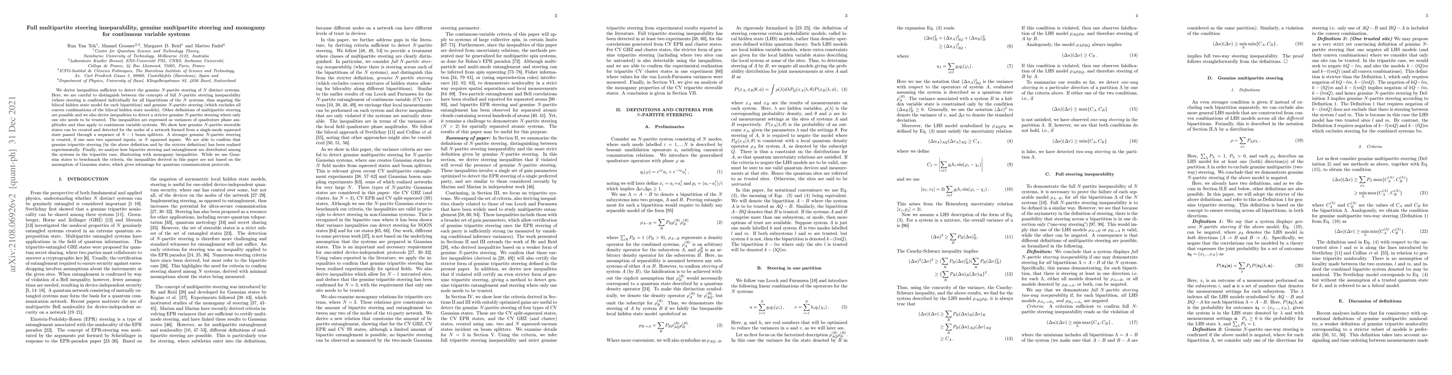 Thumbnail for Full multipartite steering inseparability, genuine multipartite steering
  and monogamy for continuous variable systems